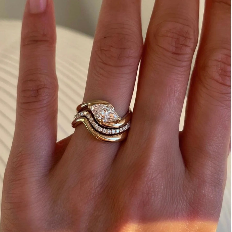 Marquise Moissanite Triple Solid Silver Gold Plated Band Ring