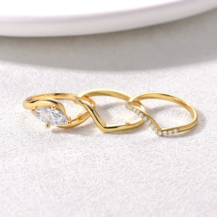Marquise Moissanite Triple Solid Silver Gold Plated Band Ring