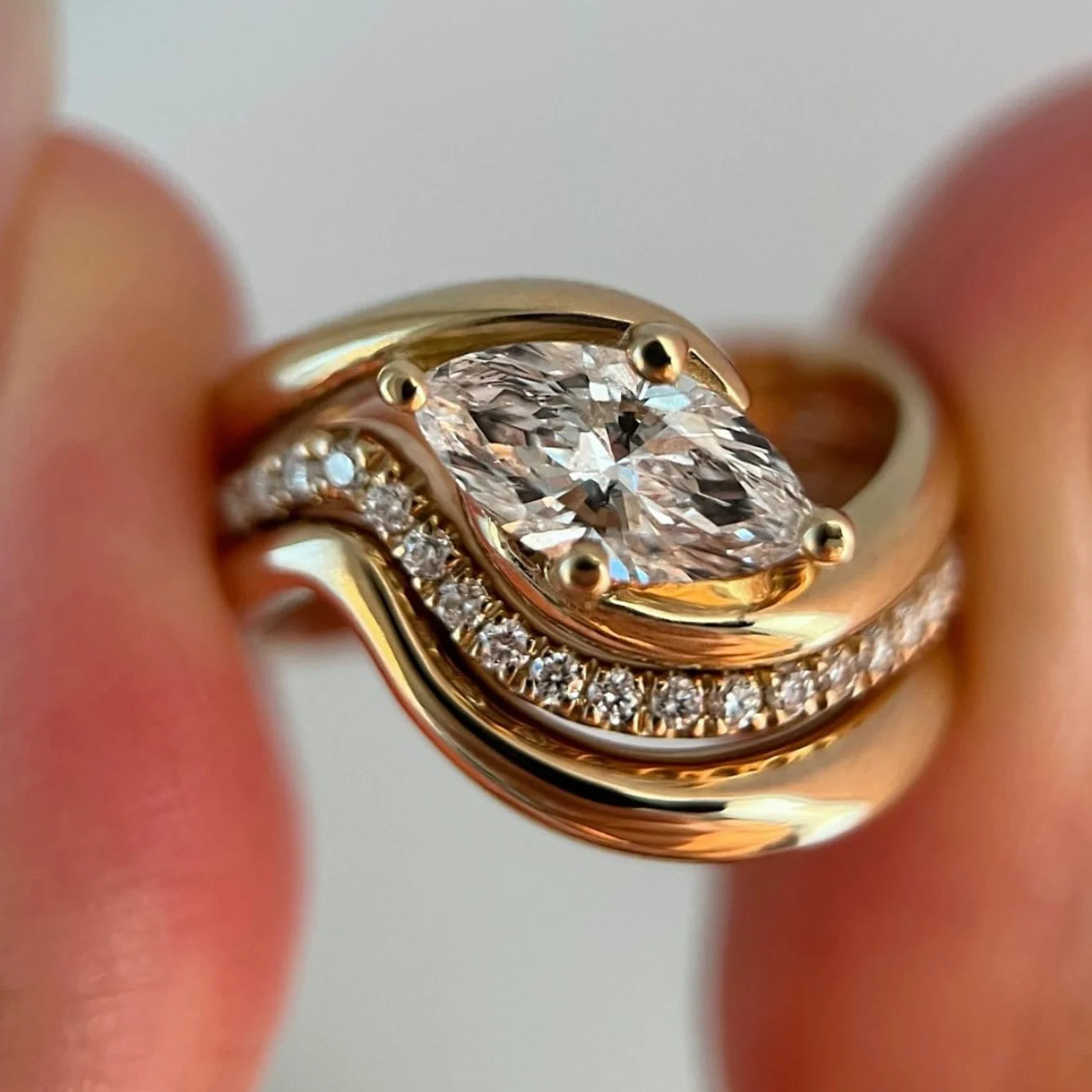 Marquise Moissanite Triple Solid Silver Gold Plated Band Ring