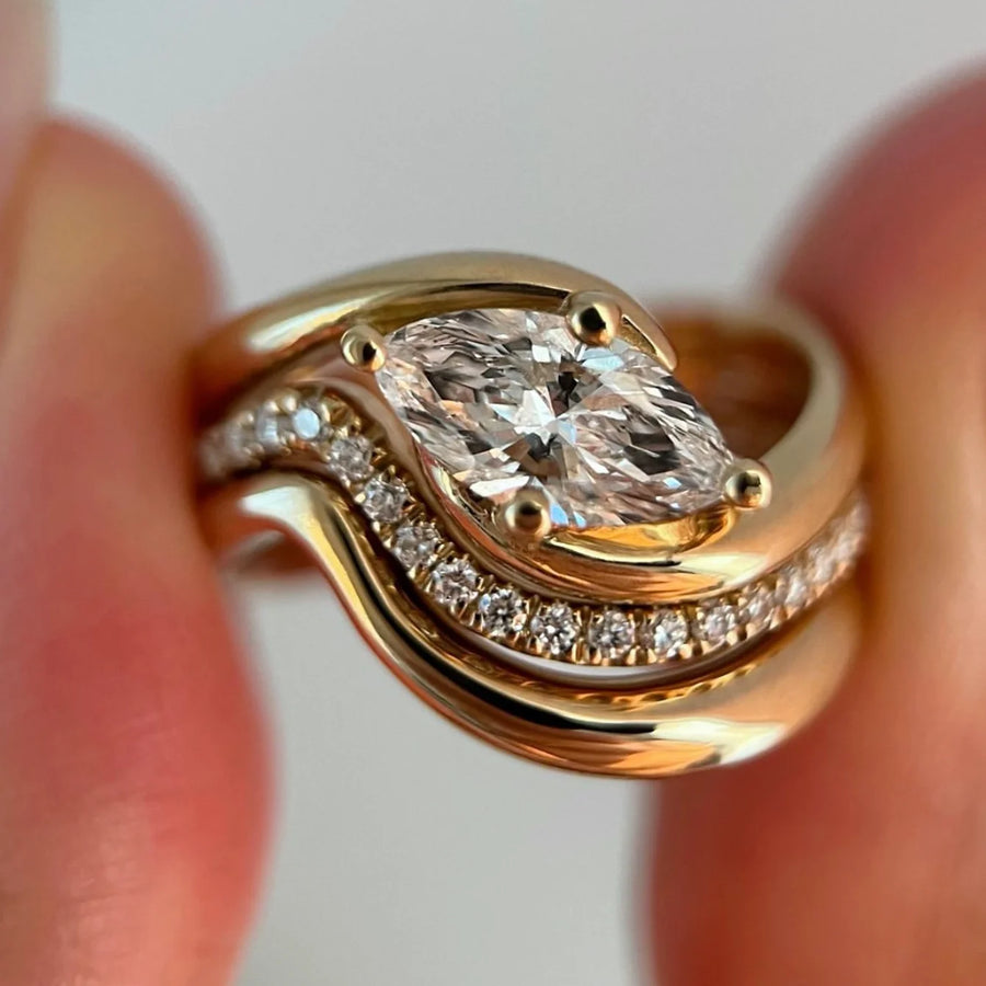 Marquise Moissanite Triple Solid Silver Gold Plated Band Ring